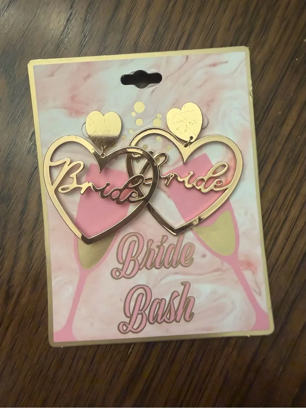 Gold tone ‘Bride' Heart Drop Earrings - Pink Accents. Bridal shower. Party.